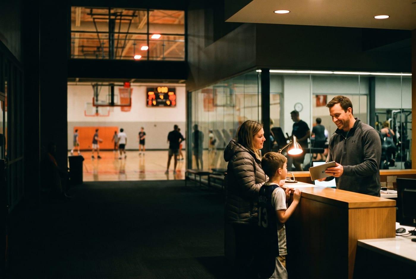 Facility manager checking in a parent and young athlete at the front desk of a multi-sport facility
