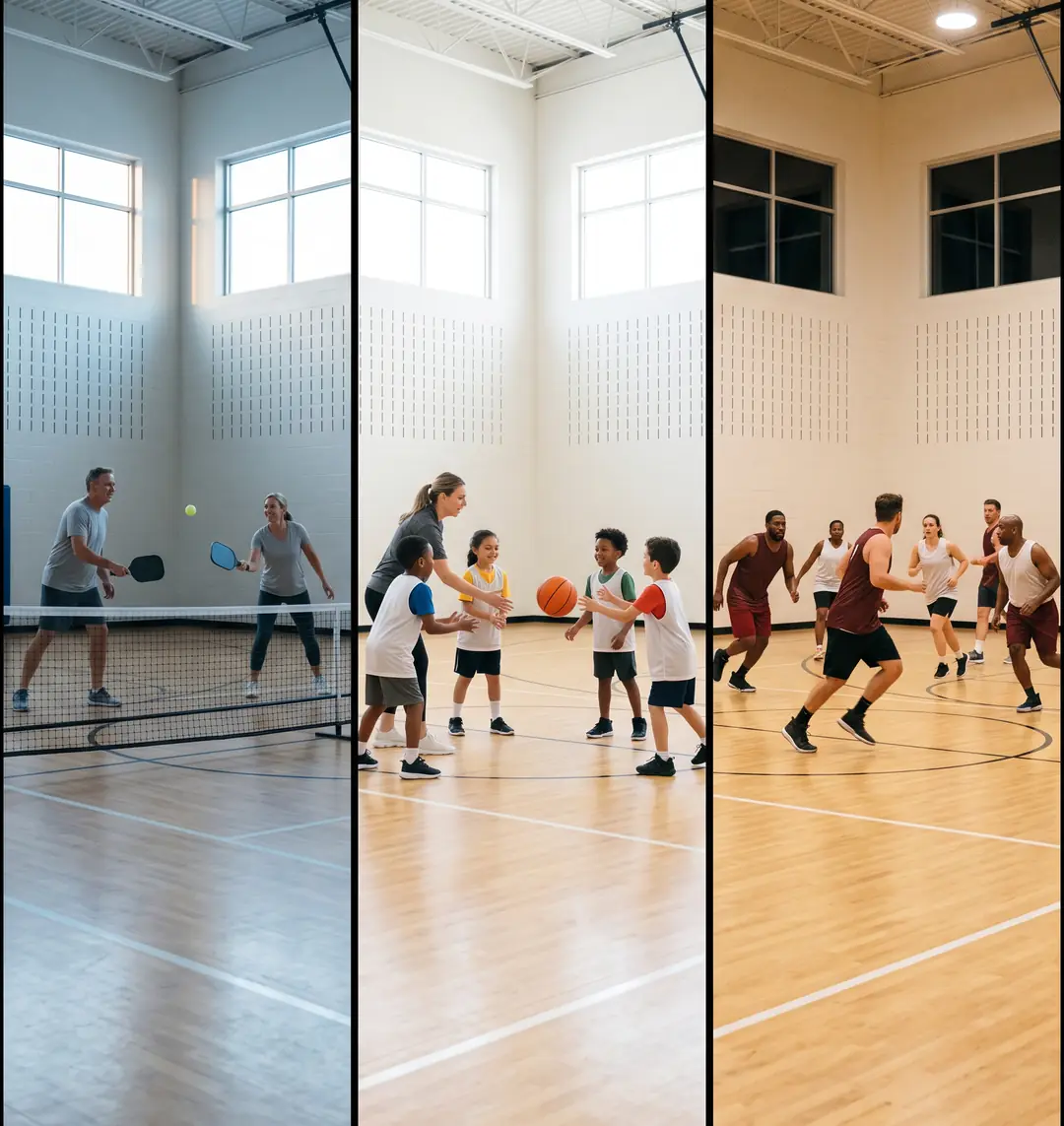 The same indoor court at sunrise, midday and night, booked by different groups through the day