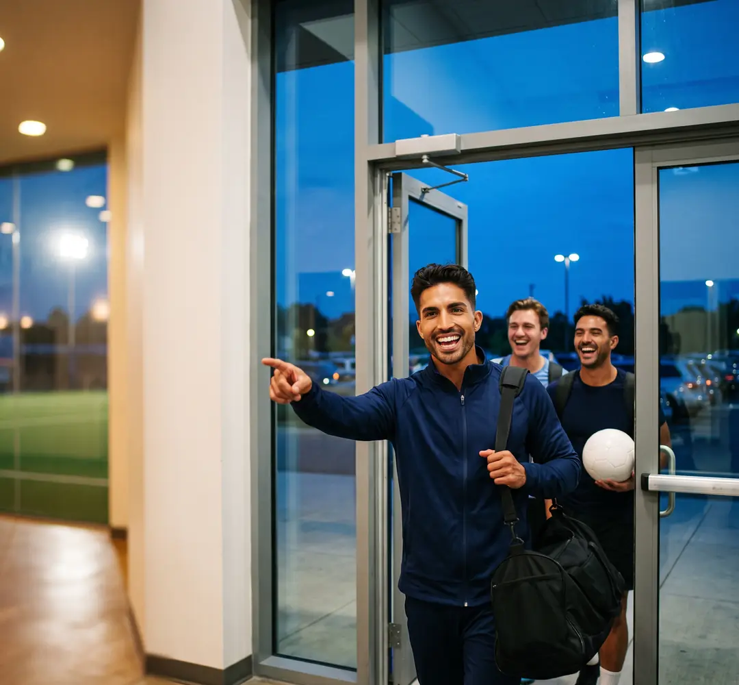 Friends walking into a sports facility at dusk for a walk-in turf field booking