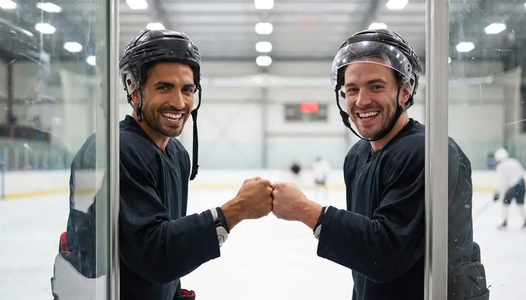 Two rec hockey players bumping fists at the ice rink gate