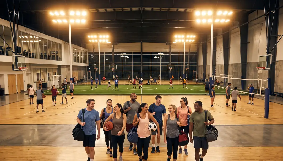 Group of adult friends arriving at a busy multi-sport complex at night