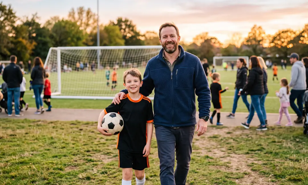 Father and son walking to a youth soccer game
