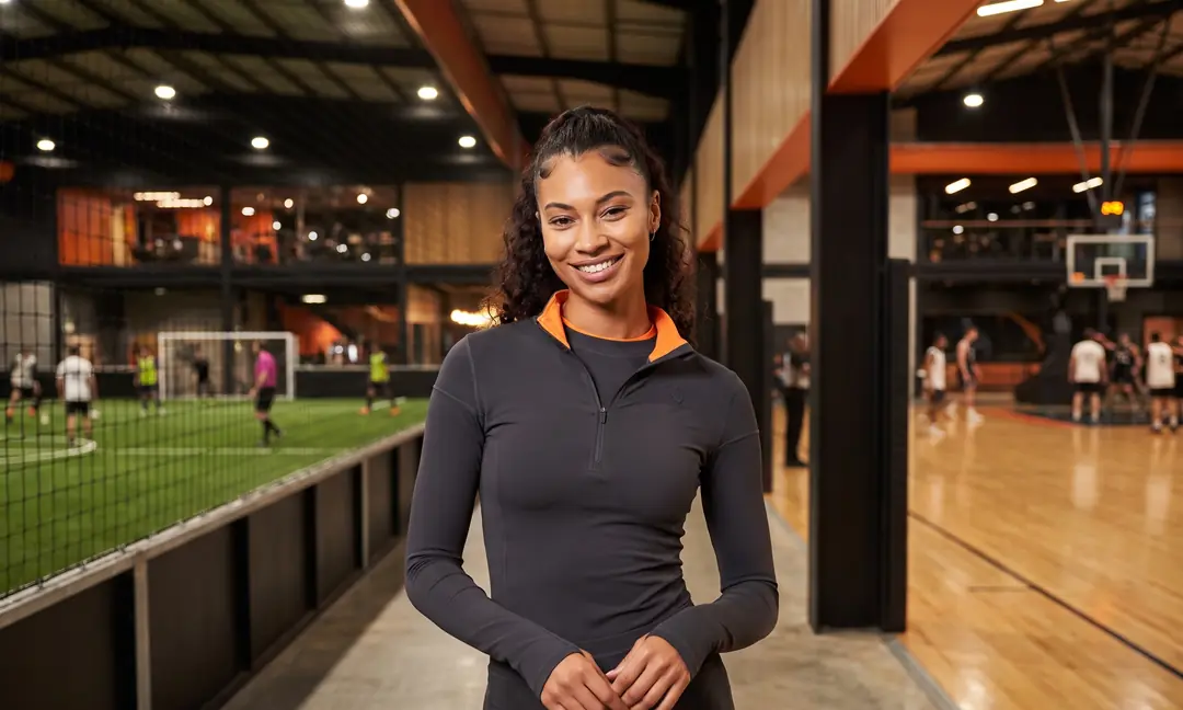 Facility director standing between an indoor turf field and a basketball court