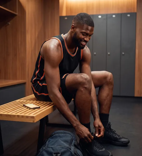 Basketball league captain lacing up in the locker room before a game