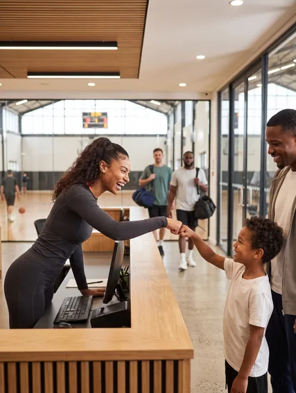 League director greeting families and players at a calm check-in desk