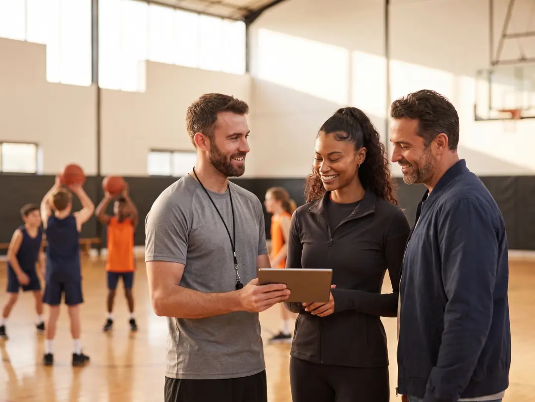 Club director, youth basketball coach and a parent looking at the same team schedule courtside
