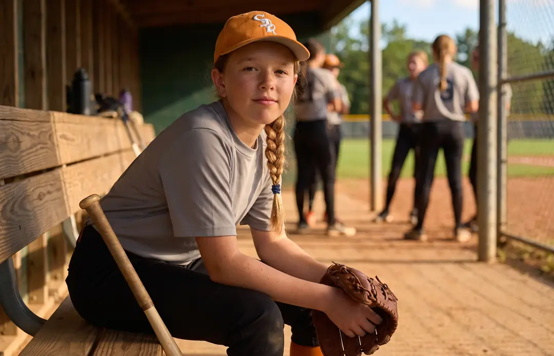 Youth softball player ready in the dugout before a game